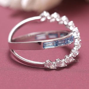 IGI Certified Pear Diamond and Blue Baguette <b>Wrap</b> Crossover Ring in 14K Gold Rhodium Plated for Engagement & Anniversary <b>Gift</b> - Product Image 2