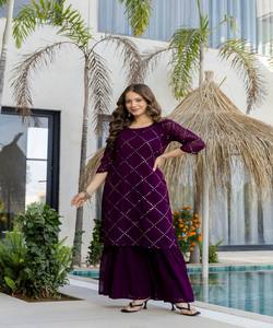 Conjunto de Kurti Sharara de Algodón con Bordado de Lentejuelas y Georgette de Lujo, con Dupatta, para Uso Festivo, en Stock, Multicolor, Prenda Étnica - Product Image 6
