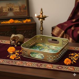 Juego de Bandejas Metálicas de Estilo Antiguo Moderno con Diseño Intrincado Grabado en Toda la Superficie y Pintura Pichwai, Juego de 2 Hecho a Mano para Regalo - Product Image 2