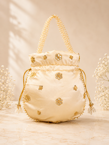 Traditional Classic Rajasthan Silk Saddle Embroidered Lightweight <b>Potli</b> <b>Bag</b> Drawstring Shoulder Purse Women Festive Wedding - Product Image 5