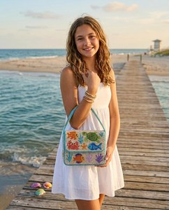 Bolso Rectangular Bordado a Mano SOL MER con Cuentas de Vidrio de Poliéster y Patrón de Natación en Textil - Product Image 3