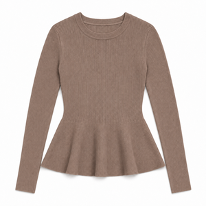 Pull côtelé à col rond en 100 % coton pour femme, manches longues, couleur unie, style décontracté, automne-hiver, OEM ODM Front - Product Image 3