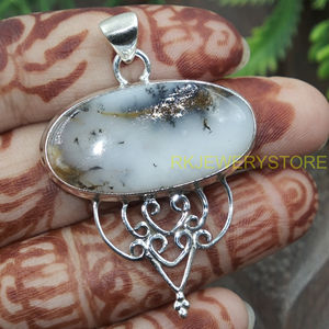 Pendentif ovale en opale dendritique naturelle, argent sterling 925, fait main, bijoux vintage en filigrane, opale dendritique blanche, pendentif statement - Product Image 4