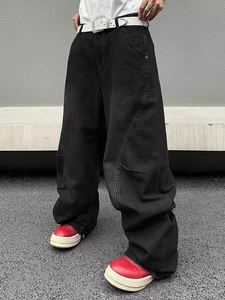 Jeans de mezclilla de corte recto al por mayor para hombre, estilo clásico urbano, con dobladillo sin rematar, vintage, de pierna recta y holgados - Product Image 4