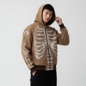 เสื้อฮู้ดซิปหน้าแบบหนาพิเศษลายกราฟิกโครงกระดูกวินเทจสีน้ำตาลสไตล์สตรีทแวร์สุดเทรนดี้สำหรับทุกเพศ - Product Image 5