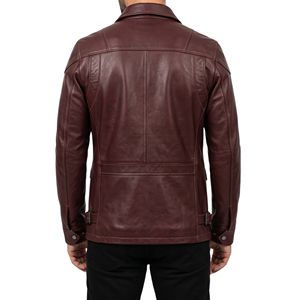 Veste en cuir pour homme de qualité supérieure, couleur bordeaux foncé, longueur mi-longue, respirante, col plié, poches à rabat sur le devant, vestes en cuir - Product Image 2