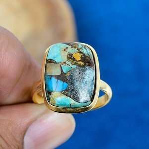 Geometric Turquoise Cocktail <b>Ring</b> Gold Plated Brass Bezel <b>Set</b> Natural Stone Unisex Bohemia Style Daily Wear - Product Image 3