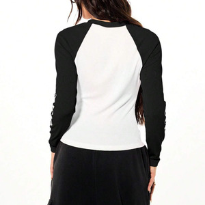 Trendy Women's White And Black <b>Raglan</b> Sleeve Crew Neck Long Sleeve T-Shirt Slim Fit Casual Knitted Cotton <b>Top</b> All Seasons Shirts - Product Image 2