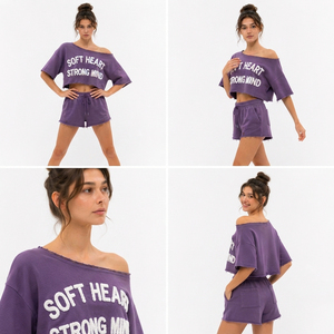 Cropped Off Shoulder Sweat <b>Shorts</b> <b>Set</b> French Terry Distressed Hem Sweat <b>Shorts</b> <b>Short</b> Sleeve Embroidered Crop <b>Top</b> Fleece Crop <b>Set</b> - Product Image 6