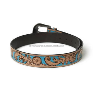 Custom Design Stylish Floral Embossed Colorful Handmade Western Leather Hand Carved Tooled <b>Belt</b> With Luxury Antique Buckle - Product Image 3