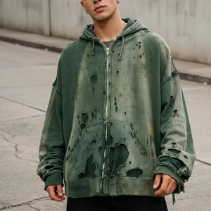 Sudadera con capucha vintage verde desgastada con cremallera, estilo oversize, lavada, estilo streetwear para hombre y mujer - Product Image 6