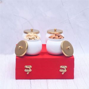 Premium Metal Dry Fruit Jar Set with Elegant Gold Lid in Luxury Red Gift <b>Box</b> for Kitchen Storage and Festive <b>Hamper</b> Packing Jar - Product Image 1