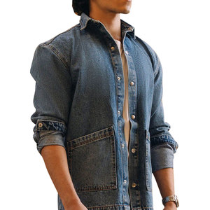 En gros Veste trucker en jean bleu marine pour homme, style vintage délavé, 100% Coton, surchemise décontractée en coton - Product Image 3