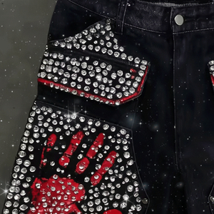 Glory Street Designer Jeans Distressed Embroidered <b>Patch</b> Custom <b>Men's</b> Hip Hop Diamond Crystal Rhinestone Denim <b>Shorts</b> - Product Image 3