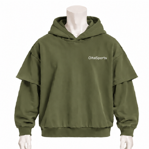Sweat-shirt à capuche vert olive double couche, coupe oversize, manches superposées, épaules tombantes, épais, style streetwear décontracté - Product Image 1
