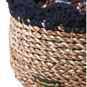 Handwoven Water Hyacinth Storage Basket: Cylindrical <b>Bowl</b> with <b>Knitted</b> Accent - Product Image 4