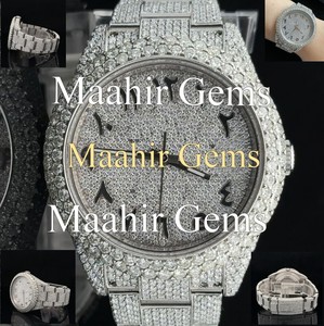 Montre de luxe en acier inoxydable avec verre en moissanite dorée, affichage de la date, diamants incrustés, mouvement mécanique automatique pour homme - Product Image 1