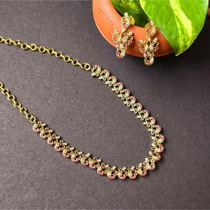Fine Jewelry Bridal <b>Necklace</b> and Earring Set with <b>Ruby</b> and Zircon Gold Polish Peacock Design - Product Image 1