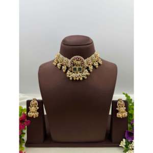 Indian Ethnic Gold Plated Steel <b>Bridal</b> Choker <b>Necklace</b> & <b>Earring</b> <b>Set</b> - Product Image 1