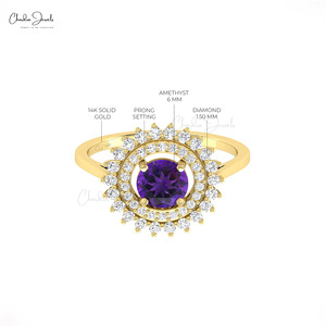 Custom 14k Fine <b>Gold</b> Double Halo <b>Ring</b> with 6mm Round Cut Amethyst & White Diamond Engagement <b>Cocktail</b> <b>Ring</b> from Chordia Jewels - Product Image 3