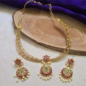 Kemp Hasli Luxury Pearl and Ruby Gold Plated Bridal Jewelry Set - Product Image 1