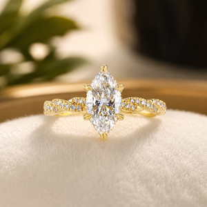Anillo de Boda de Moissanita con Banda Trenzada, Oro Amarillo Vermeil de 10K, Anillo con Halo Oculto, Anillo de Compromiso con Diamante de Corte Marquesa para Mujer - Product Image 1