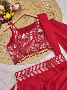 Ensemble de sari sirène élégant en satin et dentelle rouge, deux pièces avec dupatta, pour femme, toutes saisons, tenue ethnique, mariage, fête, séchage rapide - Product Image 2