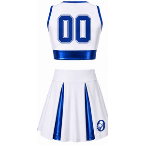 Ensemble d'uniforme de cheerleading sublimé blanc et bleu sans manches, haut court et jupe pour équipe sportive, tenue de performance et d'entraînement personnalisée - Product Image 2