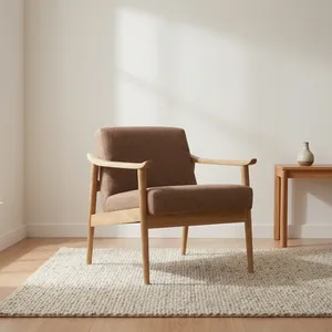 Fauteuil scandinave moderne rembourré en tissu marron avec structure en bois, dossier solide, chaise de détente pour salon, mobilier de maison ou bureau - Product Image 2