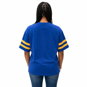 Camiseta Extra Grande Azul Rey para Mujer con Rayas Amarillas, Manga Corta, Cuello Redondo, Corte Holgado, Algodón Jersey, Ropa Casual - Product Image 2