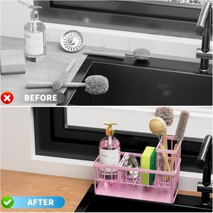 Organizzatore per Lavello da Cucina con Portaspazzole e Portaspugne, in Acciaio Inox 304 Antiruggine, Rosa, per Piano di Lavoro - Product Image 2
