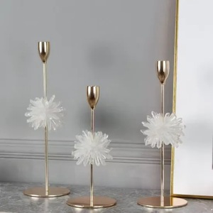 High Standard Golden Metal Candle Stand With <b>White</b> Crystal Flower Decor For Home Wedding Decoration - Product Image 1