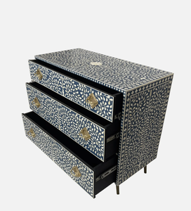 Commode à 3 tiroirs en bois fait main avec incrustations florales bleues et blanches, meuble de salon moderne du milieu du siècle - Product Image 3