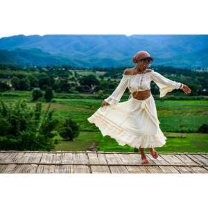 Ensemble jupe deux pièces bohème pour femme, haut court en coton à épaules dénudées et jupe midi superposée, tenue d'été - Product Image 3