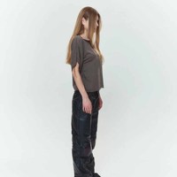 Atasan Crop Wanita Ukuran Besar Lengan Pendek Bahu Jatuh Warna Polos Kaos Rajut Longgar Leher O Cocok untuk Semua Musim