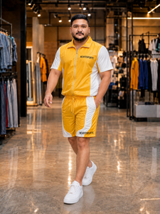 REXFIT SPORTS 2026 ชุดกีฬาผู้ชายแบบกำหนดเอง สีเหลืองขาว ผ้าไนลอน เสื้อแจ็คเก็ตแขนสั้นแบบซิปเต็มตัวและกางเกงขาสั้น - Product Image 6