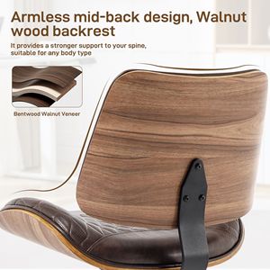 Sedia da Ufficio Girevole Moderna in Noce con Schienale in Legno Curvato e Rivestimento in Pelle PU, Senza Braccioli, Altezza Regolabile e Ruote per Scrivanie Piccole - Product Image 6