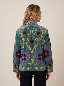 Women's Teal Blue Velvet Suzani Embroidered <b>Reversible</b> <b>Jacket</b> Full Sleeves Handmade Boho Ethnic Fashion Outerwear - Product Image 5