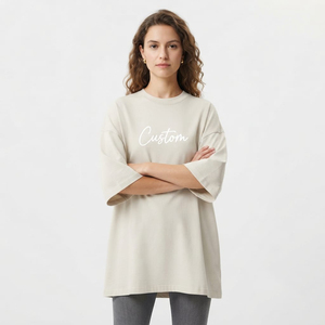 T-shirt oversize pour femme, col rond, manches trois quarts, coupe ample, impression personnalisée, 100% coton, longueur longue, été - Product Image 2