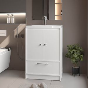 Mobile Bagno Freestanding Bianco Sinclair con Lavabo, Due Ante e Cassetto Inferiore - Eleganti Mobili Bagno - Product Image 1
