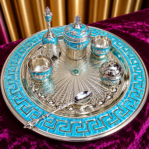 Juego de Thali de Lujo Plateado en Plata con Turquesa Azul, con Bandeja Decorativa Ornamentada, Tazones, Cuchara y Accesorios Rituales - Product Image 3