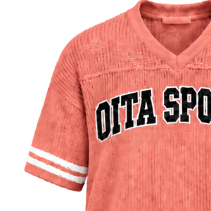<b>Coral</b> Pink Custom Knitted V Neck Jersey Short Sleeve Striped Sports Shirt Breathable Oversized Casual Athletic Teamwear <b>Top</b> - Product Image 3