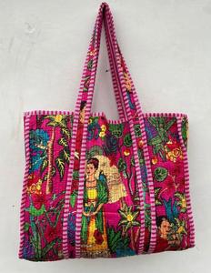 Bohemian Block Print Cotton Quilted Shoulder Bag Inner Pockets Durable Reusable Tote for Daily Life Work College - Product Image 1