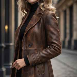 Abrigo largo de invierno de cuero premium para mujer, textura suave, ropa exterior moderna para atuendos casuales y viajes. - Product Image 3