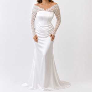 Vestido de Novia Sirena con Hombros Descubiertos, Elegante Vestido de Novia de Satén con Mangas Largas de Encaje, Vestido de Novia de Diseñador, Vestido de Novia Blanco - Product Image 2