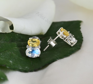 Yellow Sapphire Moonstone <b>Earrings</b>, Natural Sapphire <b>Stud</b> <b>Earrings</b>, Rainbow Moonstone Diamond <b>Earrings</b>, Gemstone <b>Earrings</b> Gift - Product Image 2