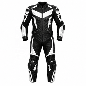 Men Full Leather Motorcycle Racing <b>Suit</b> With Knee Protection Black <b>White</b> Color Windproof One Piece Design - Product Image 1