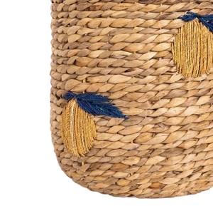 Handmade Eco Friendly Water Hyacinth <b>Basket</b> with Lemon Embroidery Woven Storage <b>Hamper</b> with Handles <b>for</b> Room Trend - Product Image 3