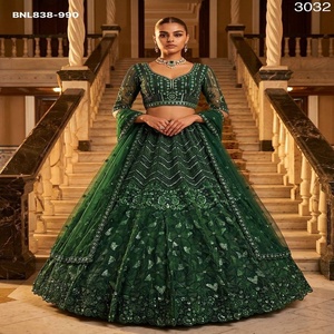 Premium Quality Net with Monochrome Sequin-Bugle <b>Beads</b>-Resham Thread work A-Line Dark-Green Choli Set Supplier from Surat - Product Image 1