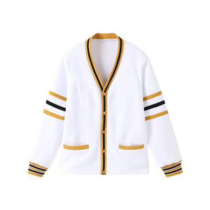 White Gold Black Contrast Top Quality <b>Fleece</b> <b>Cardigan</b> <b>Women</b> Long Sleeve V-Neck Button Front Casual Regular Fit All Seasons - Product Image 2
